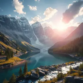 Lake in mountains streams and rivers flow down slopes of mountains and rocks into the valley spring in mountains, 8k, Award-Winning, Highly Detailed, Beautiful, Octane Render, Unreal Engine, Radiant, Volumetric Lighting by Greg Rutkowski