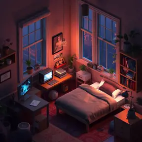 Nostalgic bedroom with a gaming pc, windows, plants bookshelves, desk, 3d art, muted colors, perfect lighting, night time, Highly Detailed, Behance, Isometric, 3D Rendering, Concept Art by WLOP