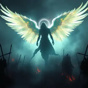 Silhouette of an Angel emerging from the fog of war, Highly Detailed, Vibrant Colors, Fantasy, Dark