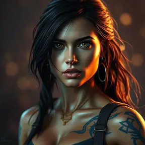 Matte portrait of beautiful Lara Croft with tattoos, 8k, Highly Detailed, Alluring, Artstation, Bokeh effect, Sharp Focus, Volumetric Lighting, Concept Art by Stanley Artgerm Lau, Greg Rutkowski