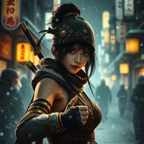 Mysterious beautiful armed kunoichi ninja wearing eyeliner and gold jewelry in the dark snowy streets of tokyo, 8k, Intricate Details, Trending on Artstation, Beautiful, Stunning, Centered by Stanley Artgerm Lau, WLOP