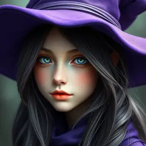 Matte portrait of a beautiful Kiki the witch with a purple hat, 4k resolution, Highly Detailed, Hyper Detailed, Beautiful, Sharp Focus, Fantasy by Stanley Artgerm Lau