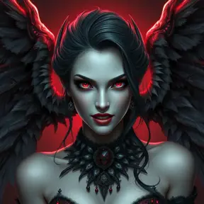 A beautiful winged romanian vampire woman with bright red eyes, fangs, perfect face, Hyper Detailed, Intricate Details, Masterpiece, Full Body, Gothic, Deviantart, Concept Art