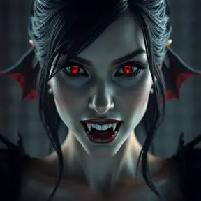 A beautiful romanian vampire woman with penetrating red bright eyes, long fangs, perfect face, 8k, Hyper Detailed, Intricate Details, Masterpiece, Contemporary, Full Body, Trending on Artstation, Gothic, Deviantart, Concept Art by Stefan Kostic