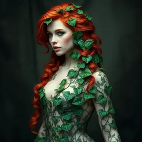 An beautiful fierce red headed Poison Ivy, Intricate, Half Body, Photo Realistic