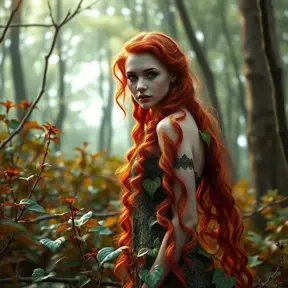 An alluring beautiful red headed Poison Ivy in a magical forest, Intricate, Full Body, Photo Realistic