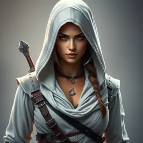 Alluring full body portrait of a beautiful Kassandra in white Assassin Creed style, 8k, Highly Detailed, Intricate, Photo Realistic, Sharp Focus, Volumetric Lighting, Fantasy, Elegant