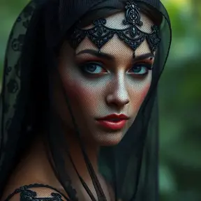 A beautiful veiled Nidalee wearing a lacy black veil, perfect face, Intricate, Half Body, Volumetric Lighting