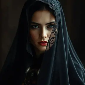 A beautiful veiled Yennefer wearing a lacy black veil, perfect face, Intricate, Half Body, Volumetric Lighting