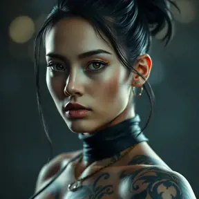 Matte portrait of Cassandra Cain with tattoos, 8k, Highly Detailed, Alluring, Artstation, Bokeh effect, Sharp Focus, Volumetric Lighting, Concept Art by Stanley Artgerm Lau, Greg Rutkowski