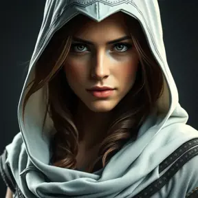 A beautiful Kassandra wearing a white hood in full Assassin's Creed style, Highly Detailed, Half Body, Sharp Focus, Volumetric Lighting