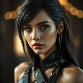 Alluring matte portrait of a beautiful A2 from Nier Automata in leather, Highly Detailed, Full Body, Bokeh effect, Photo Realistic, Sharp Focus by Stefan Kostic