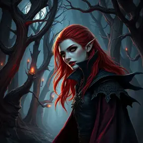 Red haired vampire in a haunted forest, Highly Detailed, Intricate, Gothic, Volumetric Lighting, Fantasy, Dark by Stanley Artgerm Lau