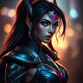 Alluring portrait of a beautiful Irelia from League of Legends in tight light armor, Highly Detailed, Full Body, Bokeh effect, Photo Realistic, Sharp Focus by Stefan Kostic