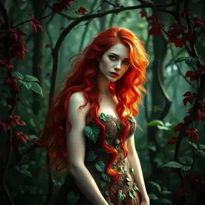 An alluring beautiful red headed Poison Ivy in a magical forest, Intricate, Full Body, Photo Realistic