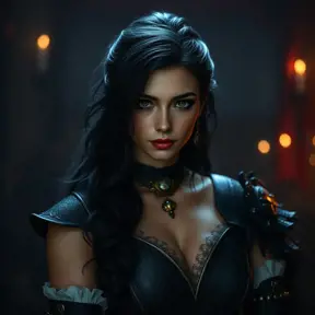 Alluring full body portrait of a beautiful Yennefer in Witcher 3 style in black, 8k, Highly Detailed, Intricate, Photo Realistic, Sharp Focus, Volumetric Lighting, Fantasy, Elegant