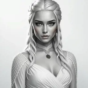 Alluring black and white matte portrait of a beautiful Daenerys Targaryen with a white background in a white dress, 8k, Highly Detailed, Intricate, Half Body, Realistic, Sharp Focus, Volumetric Lighting, Fantasy, Elegant by Stanley Artgerm Lau