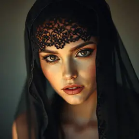 A beautiful veiled Nidalee wearing a lacy black veil, perfect face, Intricate, Half Body, Volumetric Lighting