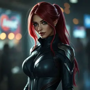 Alluring portrait of a beautiful Katarina from League of Legends in a tight suit, Highly Detailed, Full Body, Bokeh effect, Photo Realistic, Sharp Focus by Stefan Kostic