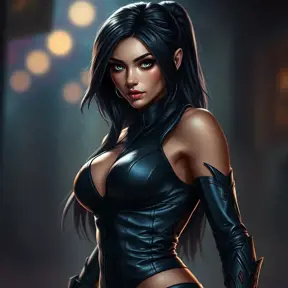 Alluring portrait of a beautiful Irelia from League of Legends in tight leather, Highly Detailed, Full Body, Bokeh effect, Photo Realistic, Sharp Focus by Stefan Kostic