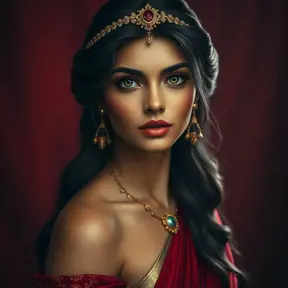 Matte portrait of the beautiful Princess Jasmine in dark red, 8k, Highly Detailed, Intricate, Realistic, Sharp Focus, Volumetric Lighting, Fantasy, Elegant by Stanley Artgerm Lau, Alphonse Mucha, WLOP, Stefan Kostic