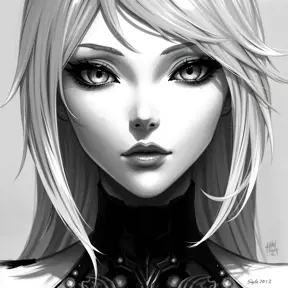 Black & White portrait of A2 from Nier Automata, Highly Detailed, Intricate, Artstation, Beautiful, Digital Painting, Sharp Focus, Concept Art, Elegant