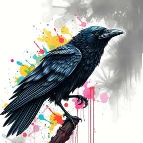 Raven, Highly Detailed, Intricate, Color Splash, Ink Art, Fantasy, Dark