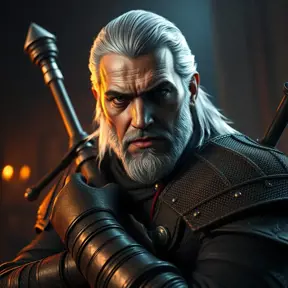 An armed Geralt in The Witcher 3 style, 4k, Highly Detailed, Beautiful, Cinematic Lighting, Sharp Focus, Volumetric Lighting, Closeup Portrait, Concept Art