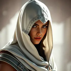 A beautiful Kassandra wearing a white hood in full Assassin's Creed style, Highly Detailed, Half Body, Sharp Focus, Volumetric Lighting