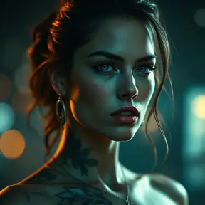 Matte portrait of Irina Shayk with tattoos, 8k, Highly Detailed, Alluring, Artstation, Bokeh effect, Sharp Focus, Volumetric Lighting, Concept Art by Stanley Artgerm Lau, Greg Rutkowski