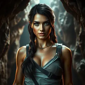 Alluring full body matte portrait of a beautiful Lara Croft in a cave, 8k, Highly Detailed, Intricate, Photo Realistic, Sharp Focus, Volumetric Lighting, Fantasy, Elegant