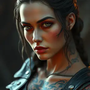 Close up of Morgana with tattoos wearing leather, 8k, Highly Detailed, Alluring, Artstation, Bokeh effect, Sharp Focus, Volumetric Lighting, Concept Art by Stanley Artgerm Lau, Greg Rutkowski