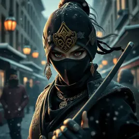 Wallpaper of a mysterious beautiful masked kunoichi ninja wearing eyeliner and gold jewelry in the streets of a dark snowy town in moscow, fluid motion, 8k, Intricate Details, Trending on Artstation, Beautiful, Stunning, Centered by Stanley Artgerm Lau, WLOP