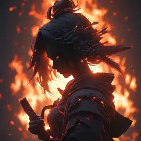 Silhouette of a samurai female assassin in the style of Fire watch, 8k, Dystopian, Trending on Artstation, Volumetric Lighting