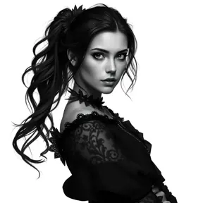 Alluring black and white matte portrait of a beautiful Yennefer with a white background in a black dress, 8k, Highly Detailed, Intricate, Half Body, Realistic, Sharp Focus, Volumetric Lighting, Fantasy, Elegant by Stanley Artgerm Lau