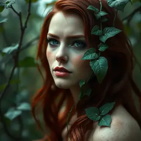 Alluring matte portrait of Poison Ivy in the style of Stefan Kostic, 8k, Highly Detailed, Intricate, Half Body, Matte Painting, Realistic, Sharp Focus, Fantasy by Greg Rutkowski