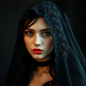 A beautiful veiled Yennefer wearing a lacy black veil, perfect face, Intricate, Half Body, Volumetric Lighting