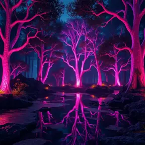 A magical pond in a fantasy forest with glowing pink trees at night, 4k, HQ, Intricate, Artstation, Cinematic Lighting, Photo Realistic, Sharp Focus, Unreal Engine, Dark