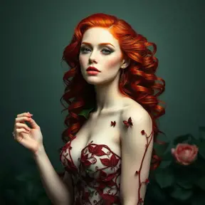 An beautiful fierce red headed Poison Ivy, Intricate, Half Body, Photo Realistic