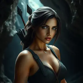 Matte portrait of a beautiful Lara Croft in a cave with arrows, 8k, Highly Detailed, Intricate, Realistic, Sharp Focus, Volumetric Lighting, Fantasy, Elegant by Stanley Artgerm Lau, WLOP