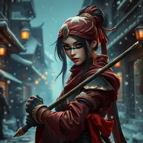 Mysterious beautiful armed kunoichi ninja wearing eyeliner and gold jewelry in the streets of a dark snowy town, 8k, Intricate Details, Trending on Artstation, Beautiful, Stunning, Centered by Stanley Artgerm Lau, WLOP