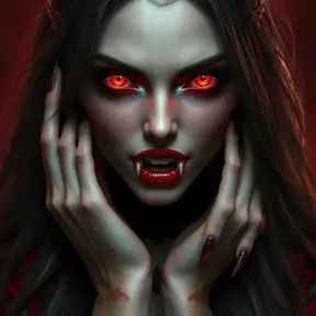 A beautiful romanian vampire woman with penetrating red bright eyes, long fangs, perfect face, 8k, Hyper Detailed, Intricate Details, Masterpiece, Contemporary, Full Body, Trending on Artstation, Gothic, Deviantart, Concept Art by Stefan Kostic