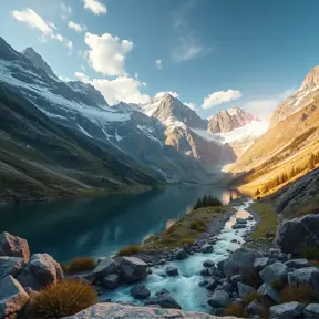 Lake in mountains streams and rivers flow down slopes of mountains and rocks into the valley spring in mountains, 8k, Award-Winning, Highly Detailed, Beautiful, Octane Render, Unreal Engine, Radiant, Volumetric Lighting by Greg Rutkowski