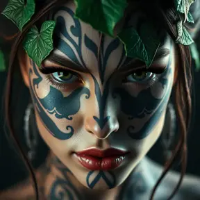 Closeup matte portrait of a tattooed Poison Ivy, symmetrical face, 8k, Highly Detailed, Intricate, Artstation, Sharp Focus, Volumetric Lighting, Concept Art by Stanley Artgerm Lau, Greg Rutkowski