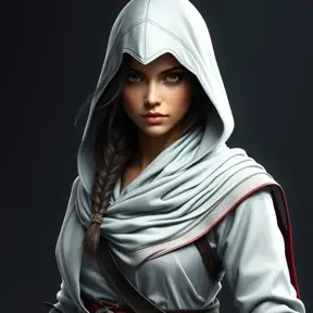 A beautiful Kassandra in a white hooded Assassin's Creed style, Highly Detailed, Half Body, Sharp Focus, Volumetric Lighting