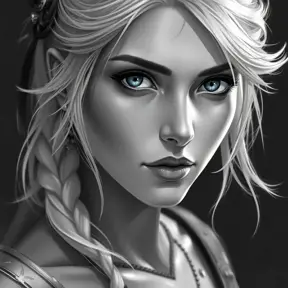 Black & White portrait of Ciri, Highly Detailed, Intricate, Artstation, Beautiful, Digital Painting, Sharp Focus, Concept Art, Elegant