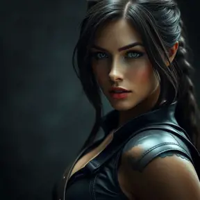 Matte portrait of a beautiful Lara Croft in black leather, 8k, Highly Detailed, Intricate, Realistic, Sharp Focus, Volumetric Lighting, Fantasy, Elegant by Stanley Artgerm Lau, WLOP, Stefan Kostic