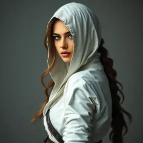 Alluring full body portrait of a beautiful Kassandra in white Assassin Creed style, 8k, Highly Detailed, Intricate, Photo Realistic, Sharp Focus, Volumetric Lighting, Fantasy, Elegant