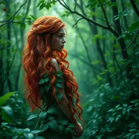 An beautiful red headed Poison Ivy in a magical green forest, Intricate, Half Body, Photo Realistic