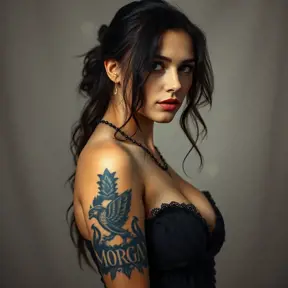 A half body portrait of a beautiful Morgana with tattoos, Alluring, Half Body, Bokeh effect, Photo Realistic, Sharp Focus, Volumetric Lighting